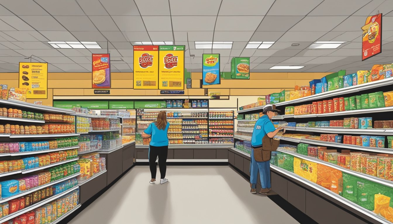 A Buc-ee's employee restocks shelves with snacks and drinks, while another wipes down the counter. Customers browse the colorful displays