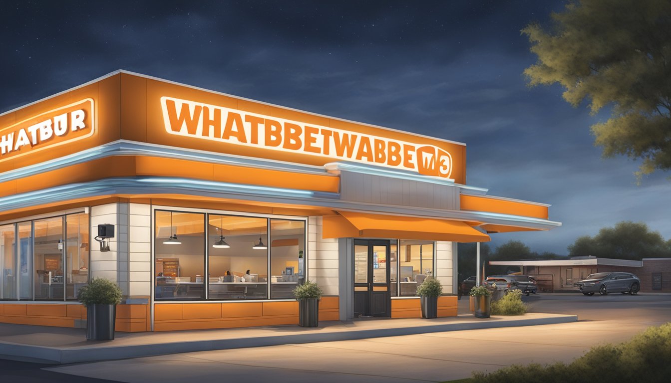 The Whataburger in San Angelo is open for business, with the restaurant sign illuminated and the drive-thru window bustling with activity