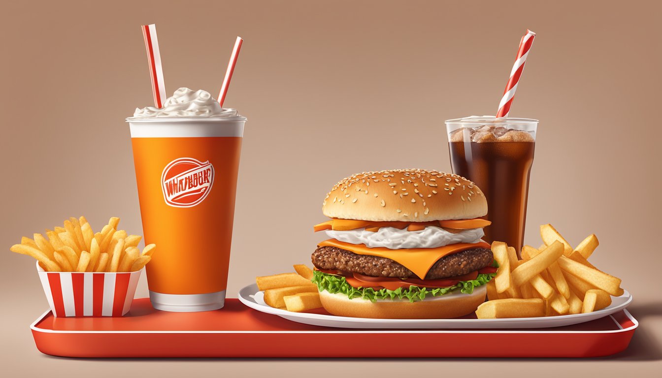 A classic WhatABurger meal with fries and a soda on a red tray