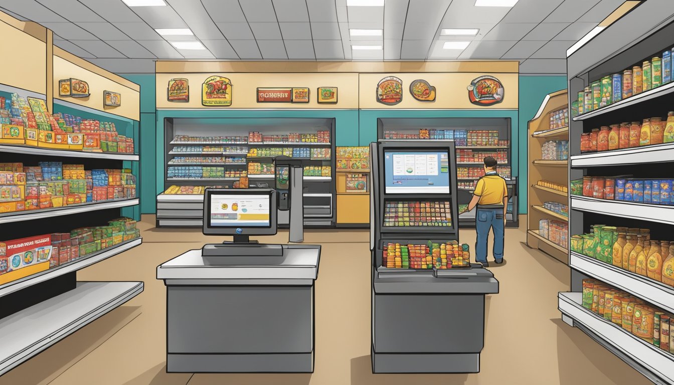 A Buc-ee's employee scans items at a high-tech checkout station while a digital display shows real-time inventory updates. In the background, automated systems restock shelves and prepare online orders for pickup