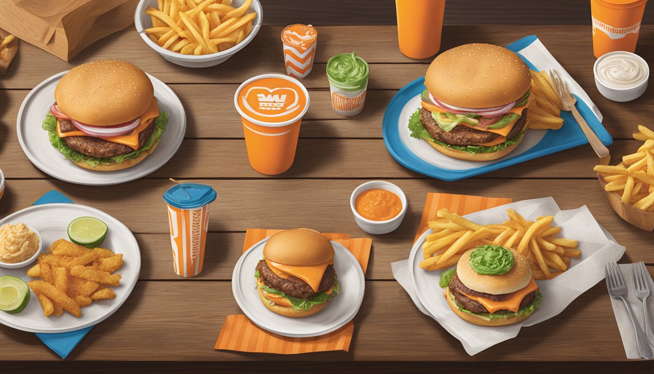 A colorful array of Whataburger's unique menu items displayed on a rustic wooden table at the San Angelo location