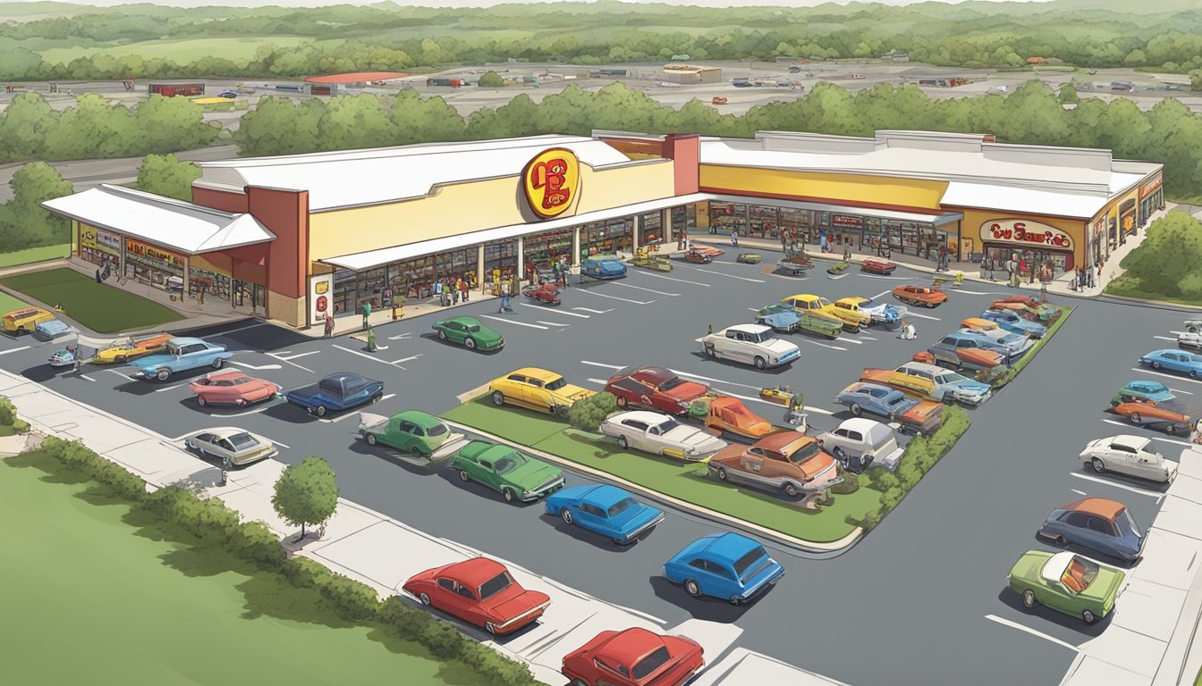 A bustling Buc-ee's store surrounded by a sprawling parking lot, with gas pumps, and a steady stream of cars and customers coming and going