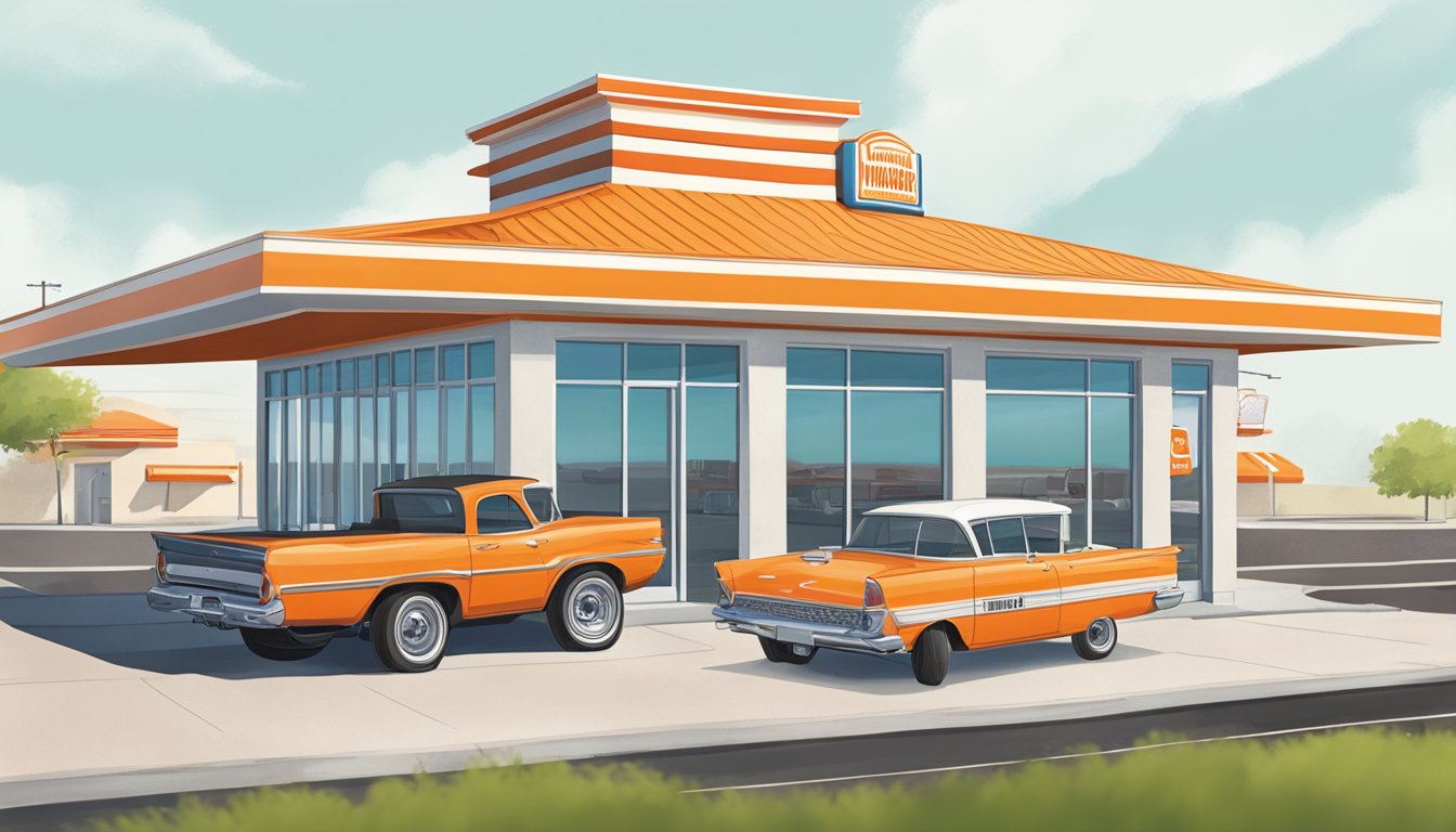 The Whataburger in San Angelo offers a drive-thru, outdoor seating, and a colorful, retro-inspired building with the iconic orange and white striped roof