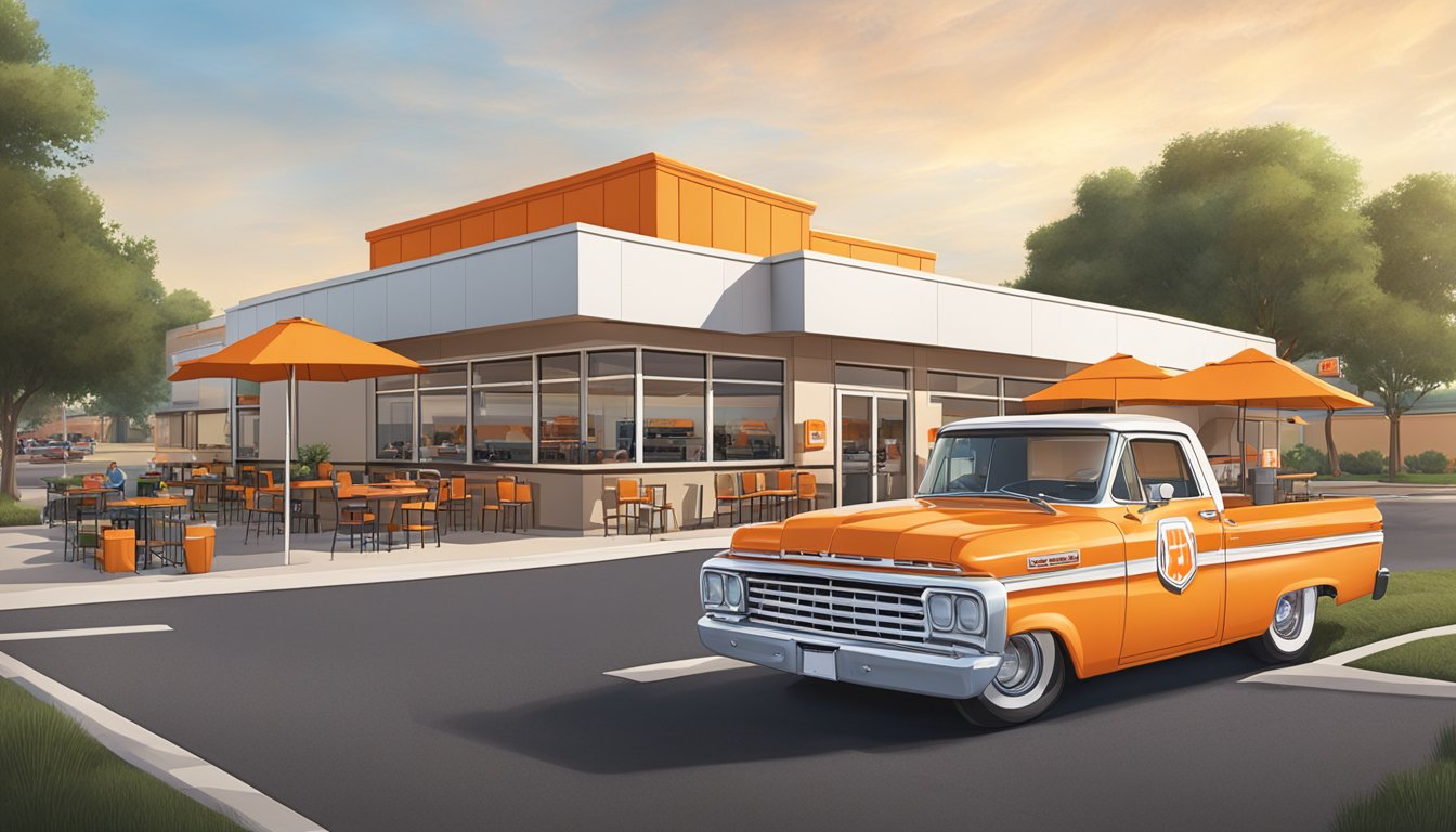 A bustling Whataburger restaurant in San Angelo, with a drive-thru line of cars and a welcoming outdoor seating area