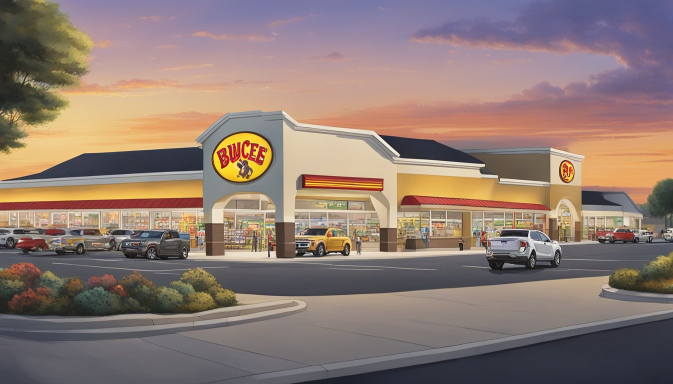 A massive Buc-ee's gas station looms over smaller competitors, with bright lights, a giant beaver mascot, and a bustling parking lot