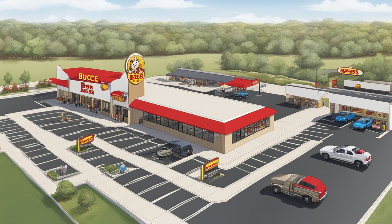 A sprawling Buc-ee's travel center with distinctive beaver mascot, iconic red and white striped awnings, and modern, clean lines. Outdoor seating and gas pumps complete the scene