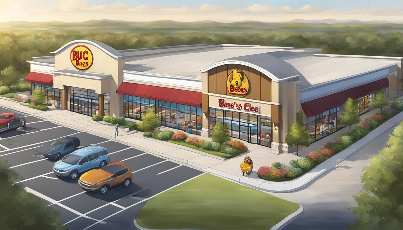 The iconic Buc-ee's store stands tall, with its distinctive beaver mascot and clean, modern architecture, surrounded by a sprawling parking lot and lush landscaping