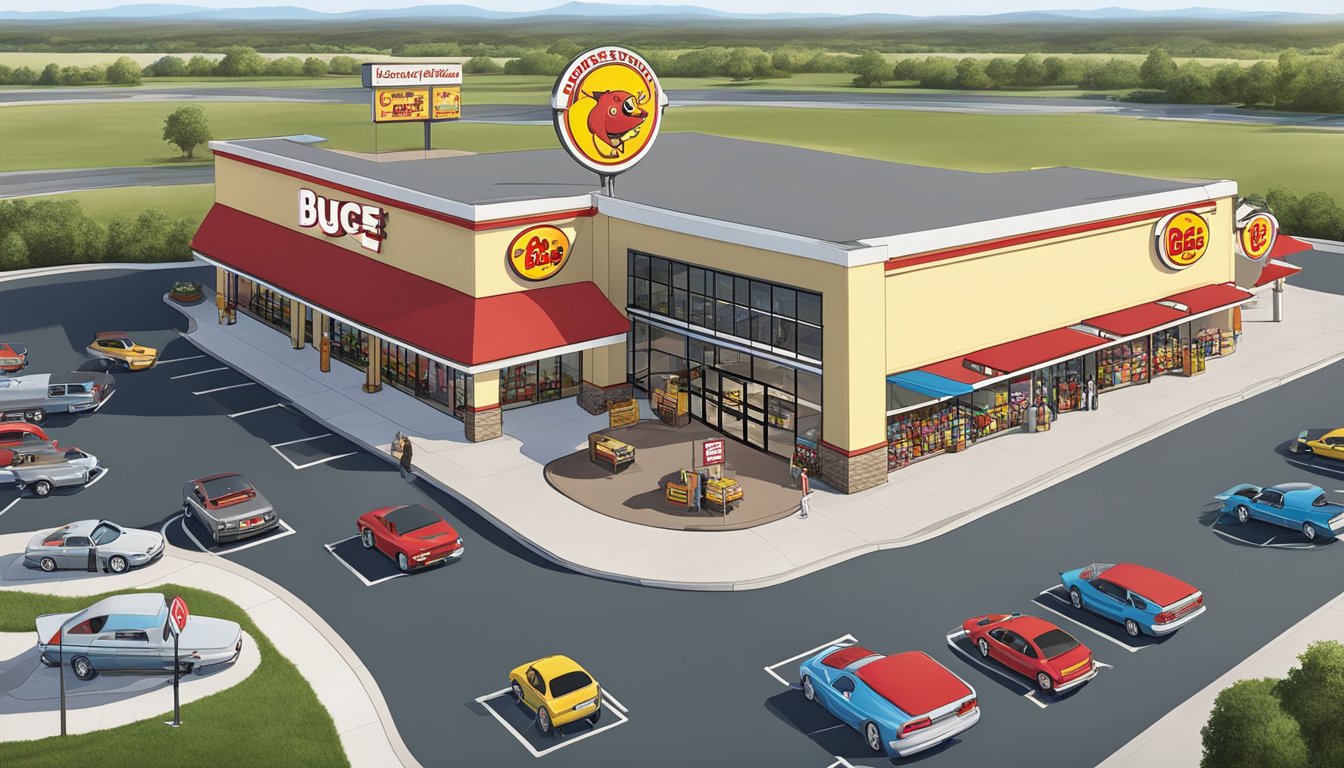 A bustling Buc-ee's store with iconic beaver logo, gas pumps, expansive parking lot, and unique, oversized, clean, and well-maintained restrooms