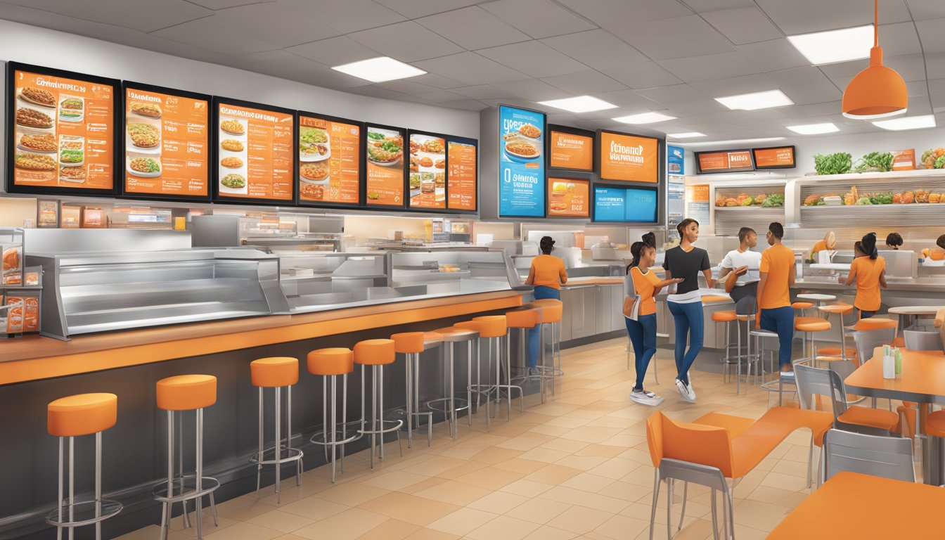 A bustling counter at Whataburger University, with a variety of menu offerings displayed on digital screens and colorful posters