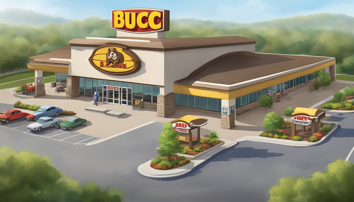 A sprawling Buc-ee's gas station and convenience store, surrounded by a massive parking lot and lush landscaping, with a distinctive beaver mascot adorning the entrance