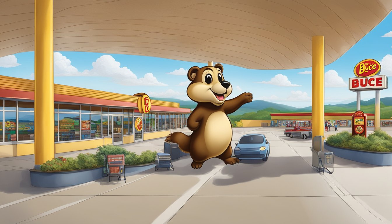 A sprawling Buc-ee's travel center with iconic beaver mascot, clean lines, and large windows set against a backdrop of rolling hills and blue skies