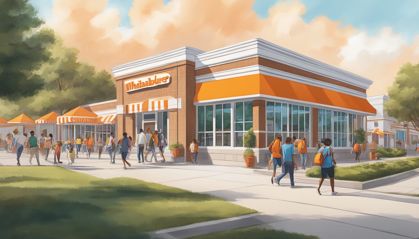 A bustling Whataburger University campus with iconic orange and white buildings, students walking to class, and the famous orange and white striped awnings over the entrance