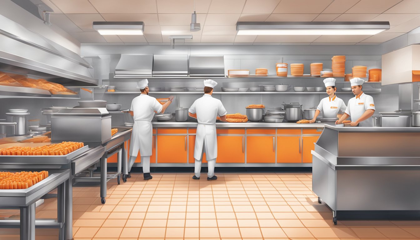 The bustling kitchen of Whataburger University, with chefs preparing and assembling burgers, fries, and shakes in a fast-paced, organized manner