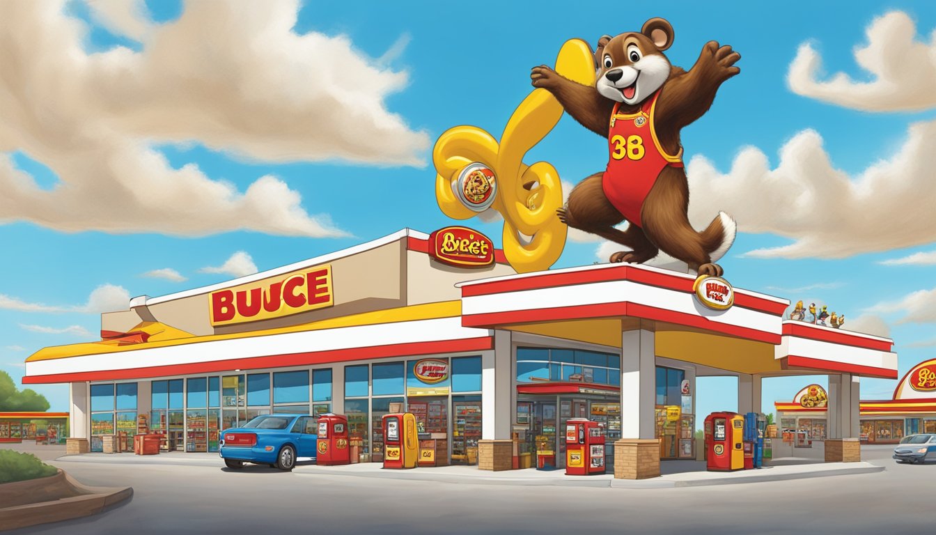 A sprawling Buc-ee's with towering gas pumps, a massive beaver mascot, and a bustling convenience store under a bright, blue sky