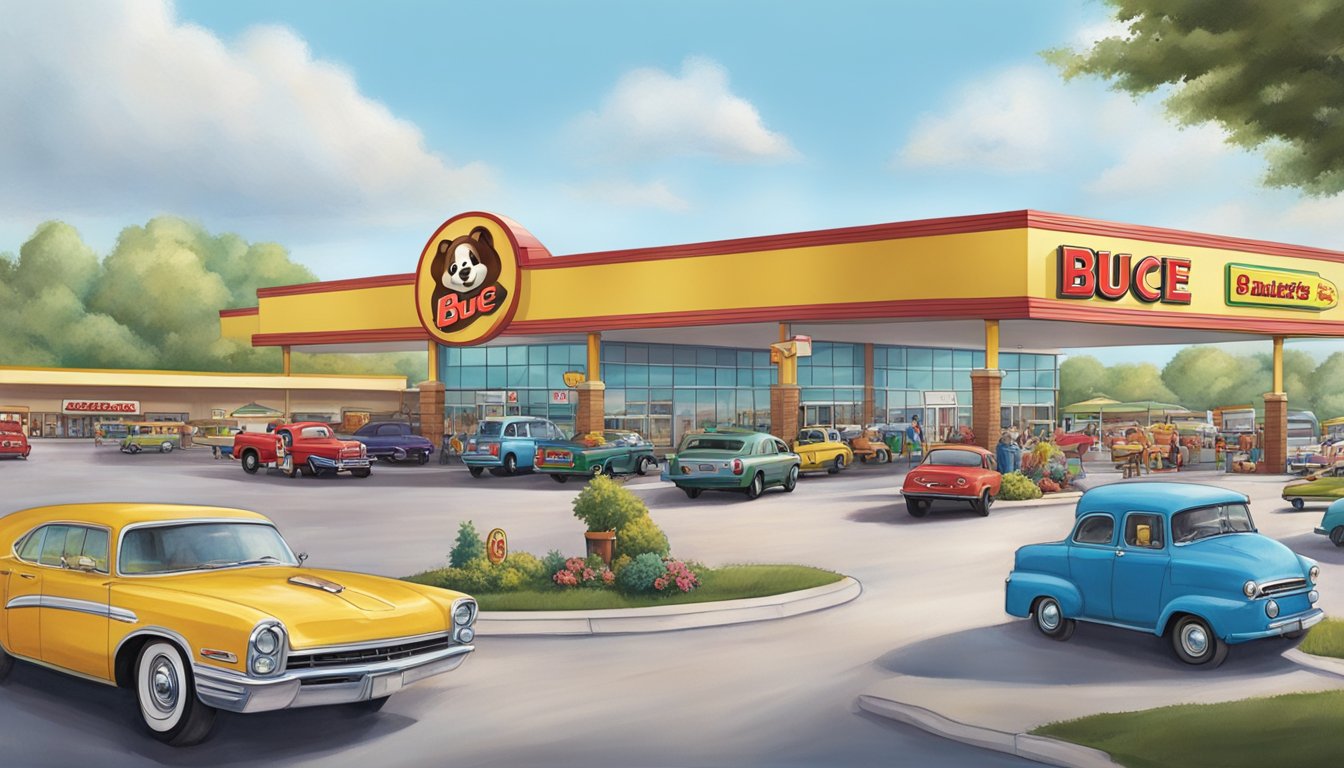 A bustling Buc-ee's travel center with a giant beaver mascot, gas pumps, and a sprawling parking lot filled with cars and RVs