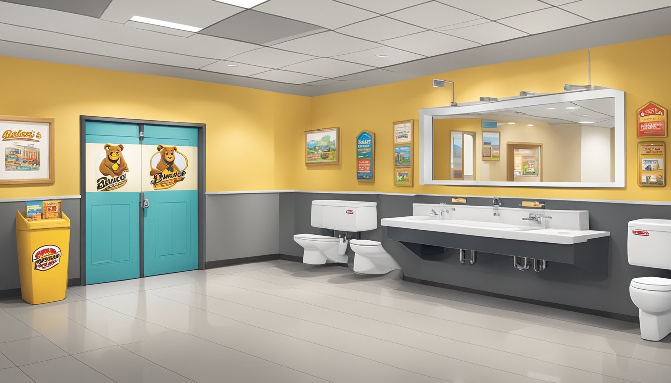 A clean and spacious restroom area with various products and services available, featuring the iconic Buc-ee's beaver mascot and a modern, well-maintained design