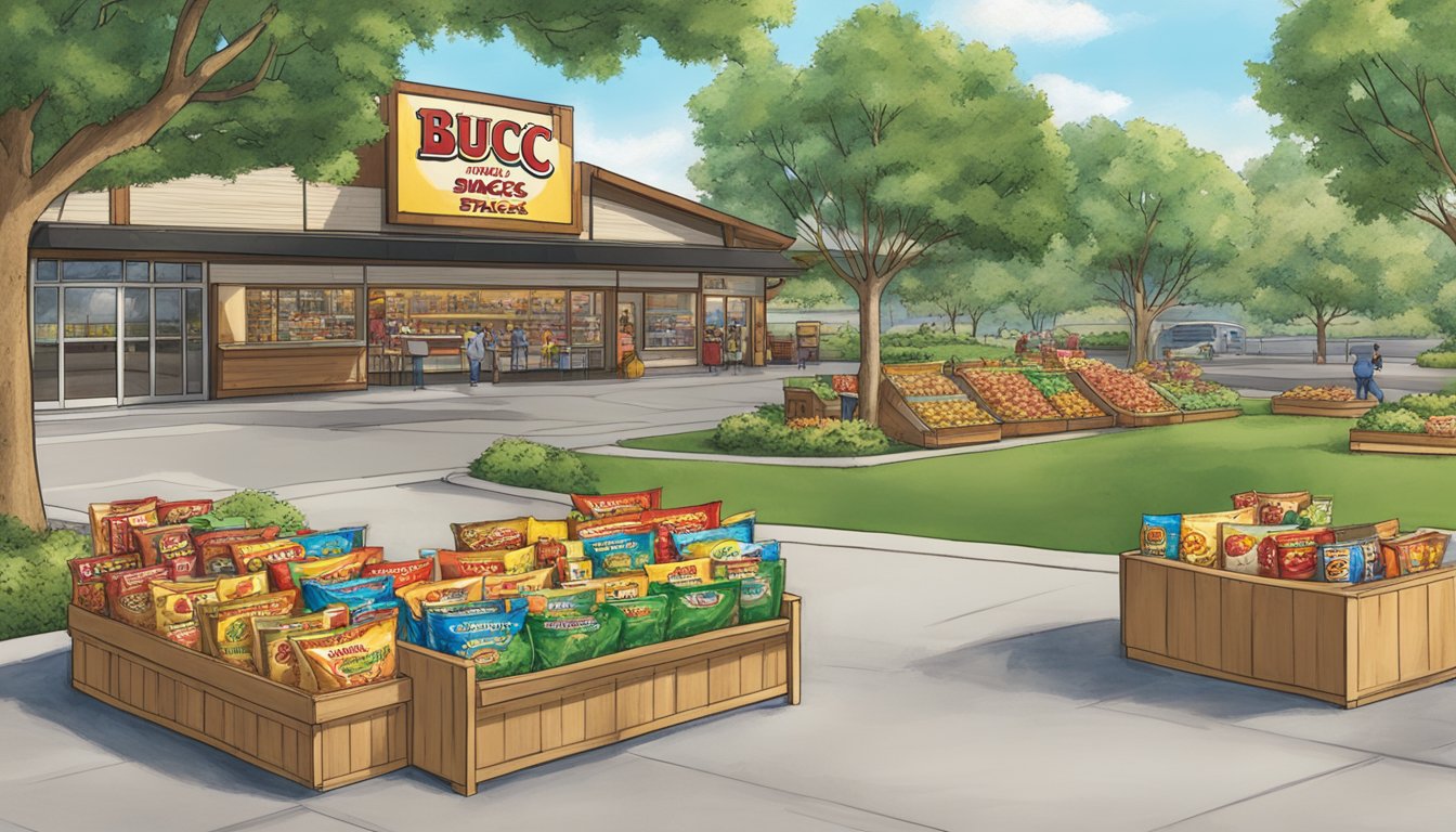 A table filled with an assortment of Buc-ee's snacks, including bags of jerky, nuts, and candies, surrounded by lush greenery and eco-friendly packaging