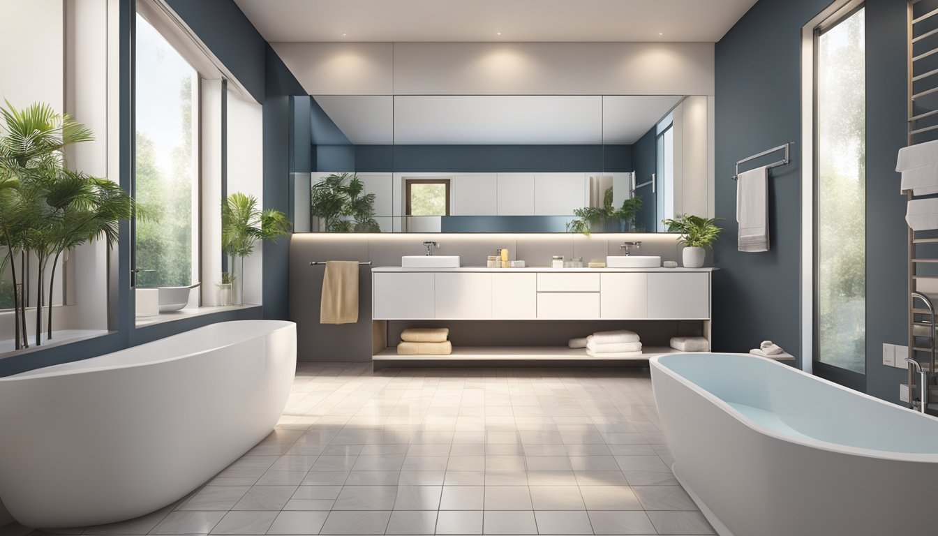 A clean and spacious bathroom with modern fixtures and bright lighting, featuring a well-organized layout and immaculate cleanliness