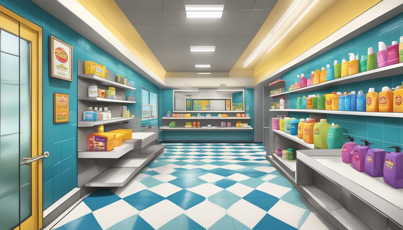 A clean, spacious Buc-ee's bathroom with modern fixtures and colorful tile, surrounded by shelves of neatly organized toiletries and a bright, welcoming atmosphere