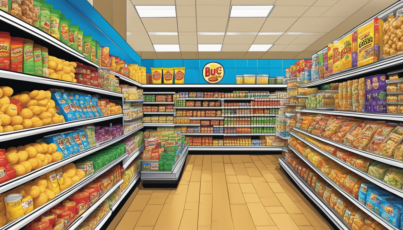 A colorful array of Buc-ee's products, from snacks to souvenirs, fills the shelves of a bustling Texas convenience store