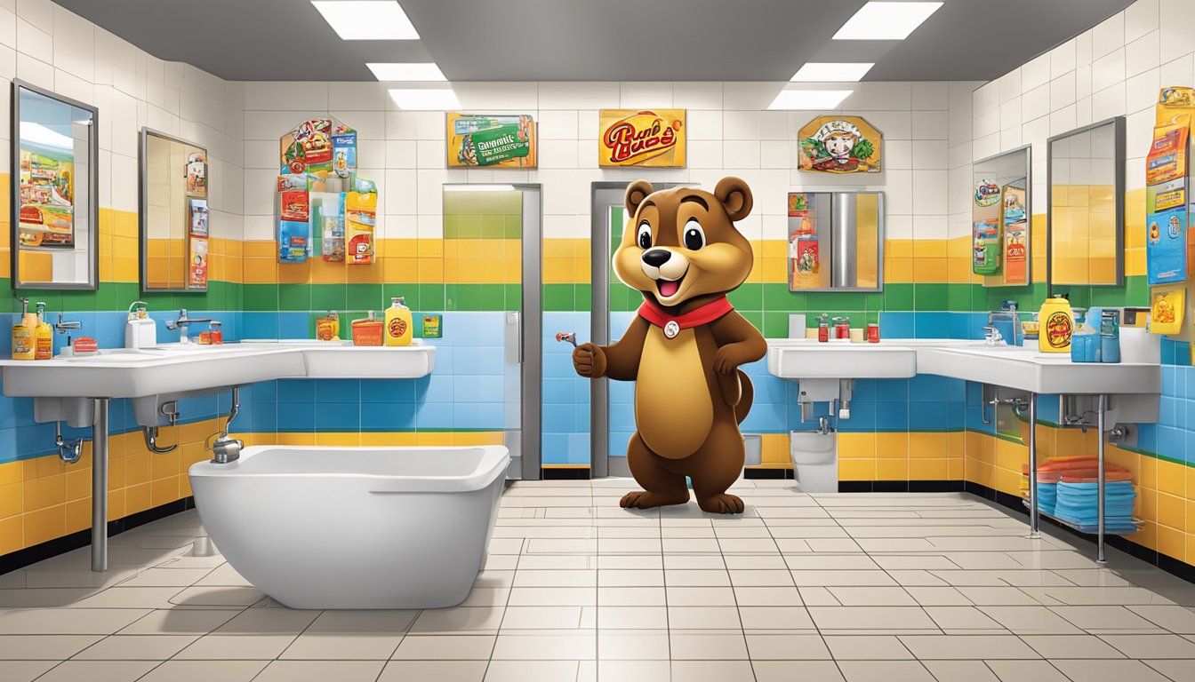 A clean, spacious bathroom at Buc-ee's with modern fixtures and colorful tile work, featuring a signature beaver mascot motif