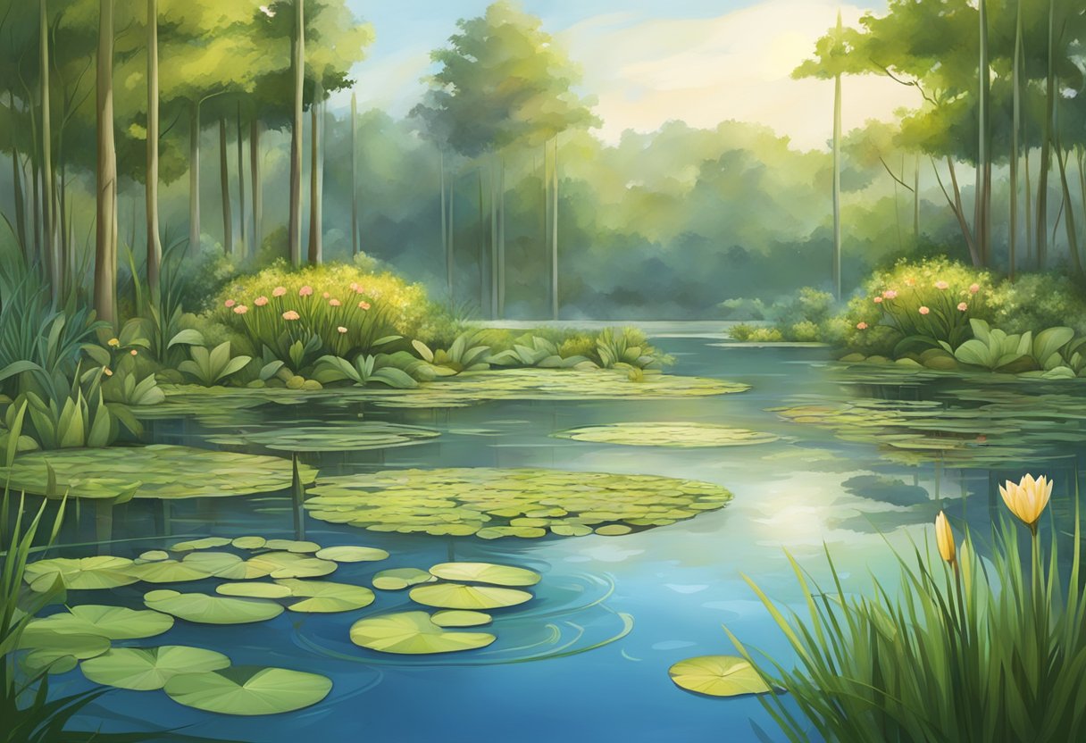 A tranquil pond with water lilies, cattails, and other aquatic plants growing along the edges, creating a lush and vibrant ecosystem