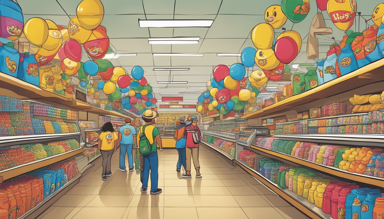 A bustling Buc-ee's store with rows of colorful merchandise, from t-shirts to hats, all featuring the iconic beaver logo. Customers eagerly browsing and purchasing items