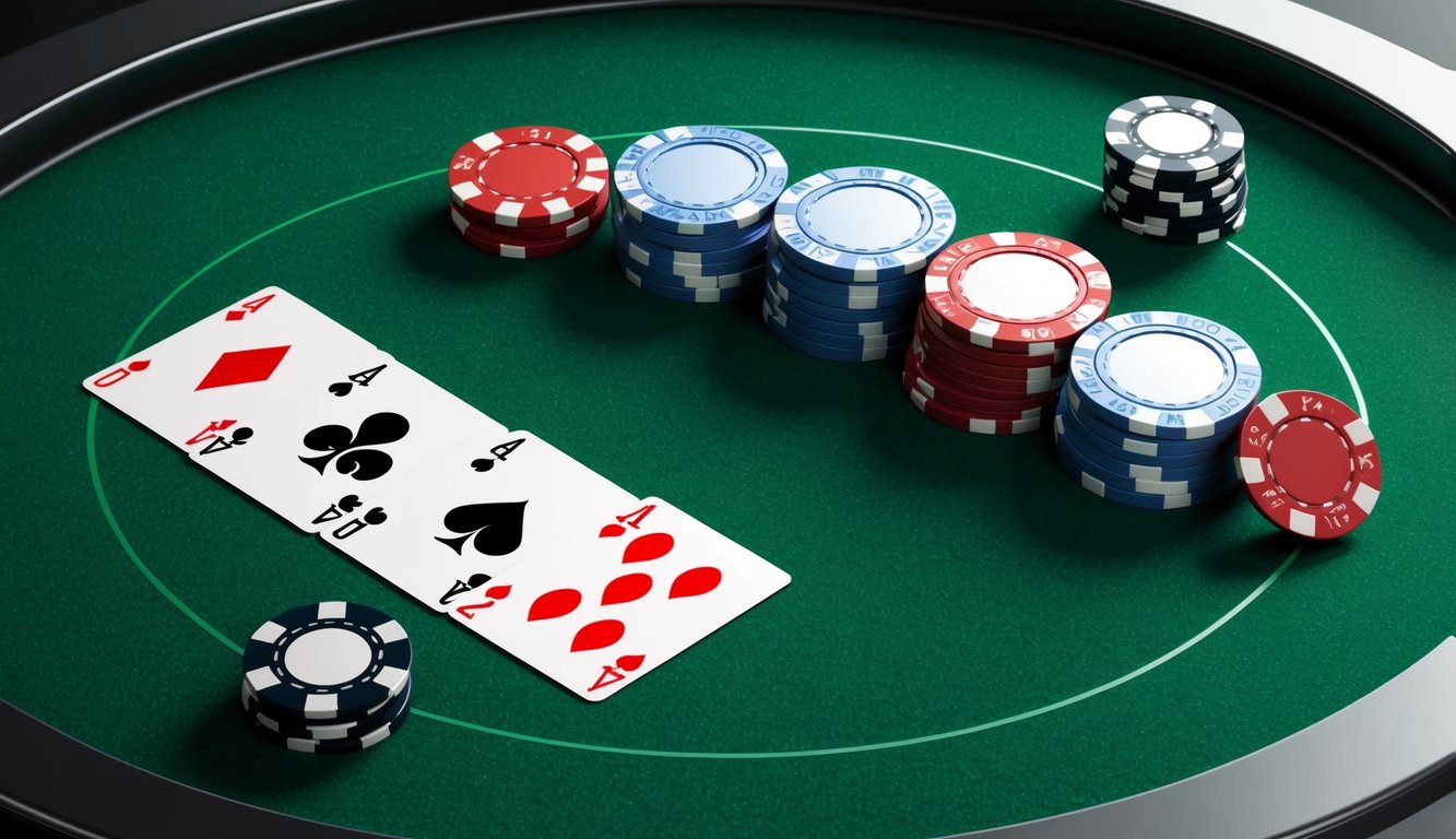 Sekelompok chip poker dan kartu yang diatur di atas meja modern yang ramping dengan permukaan felt hijau