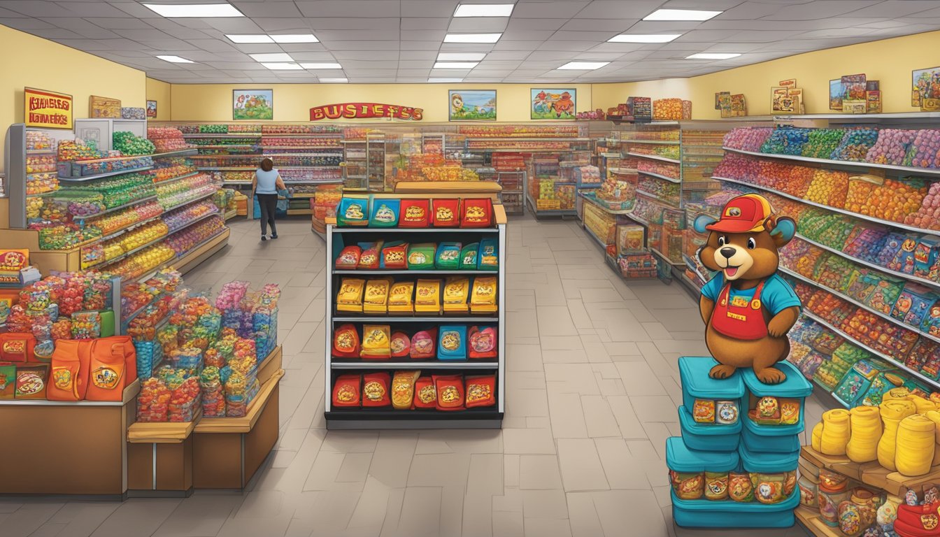 A bustling Buc-ee's store with shelves full of colorful beaver-themed merchandise, including hats, shirts, and plush toys. Customers eagerly browse and make purchases