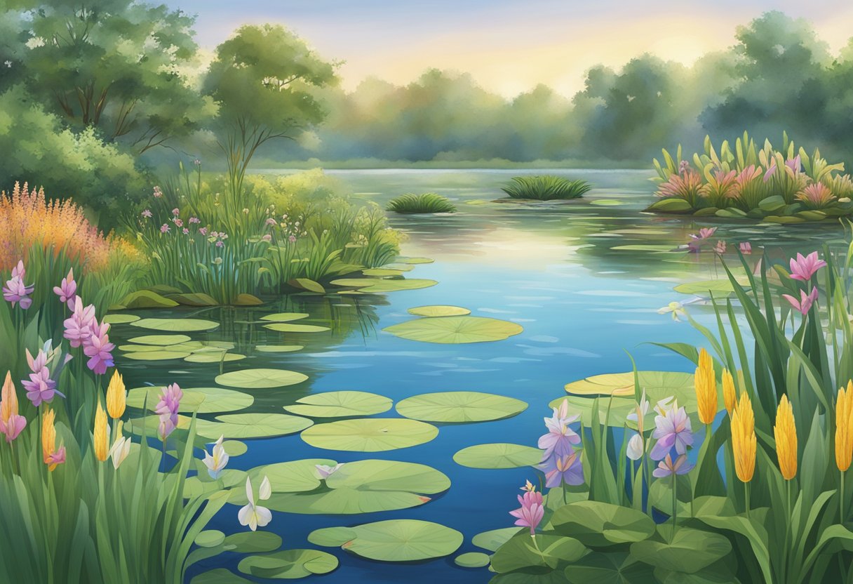 A serene pond with various aquatic plants lining the edges, including colorful marginal pond plants like cattails, water lilies, and iris, creating a natural and vibrant ecosystem