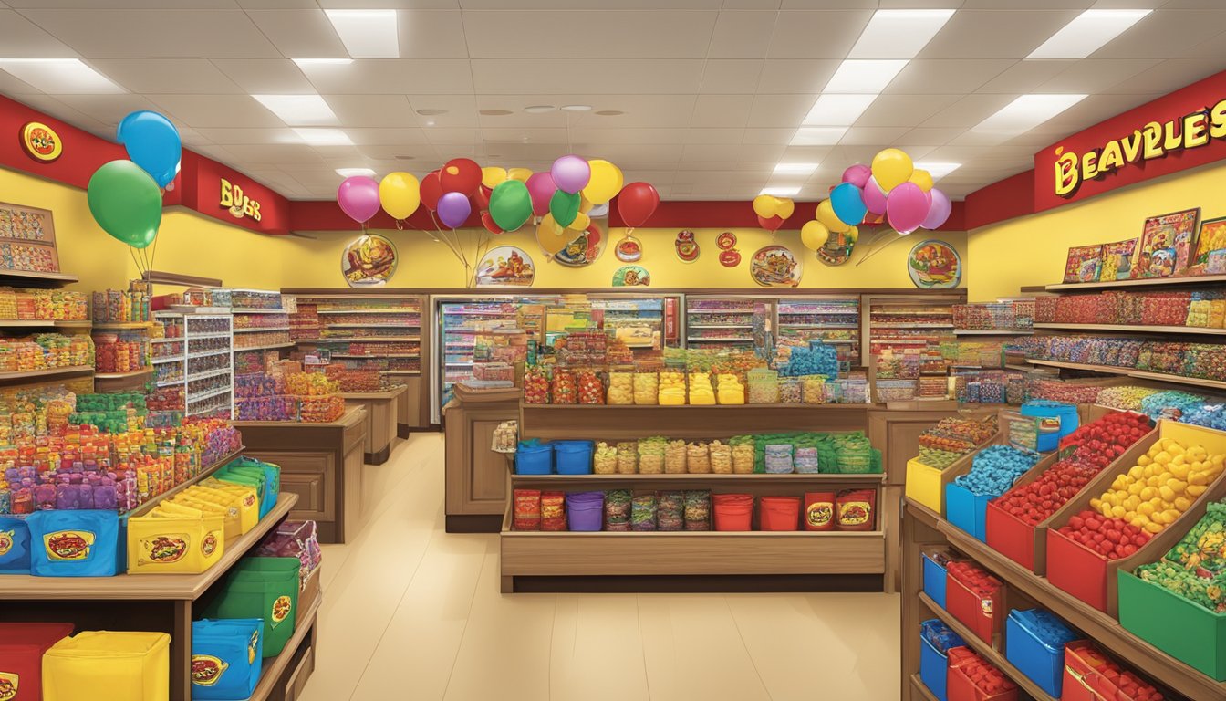 A bustling Buc-ee's store with shelves overflowing with a colorful array of beaver-themed merchandise, from clothing to accessories, creating a vibrant and eye-catching display