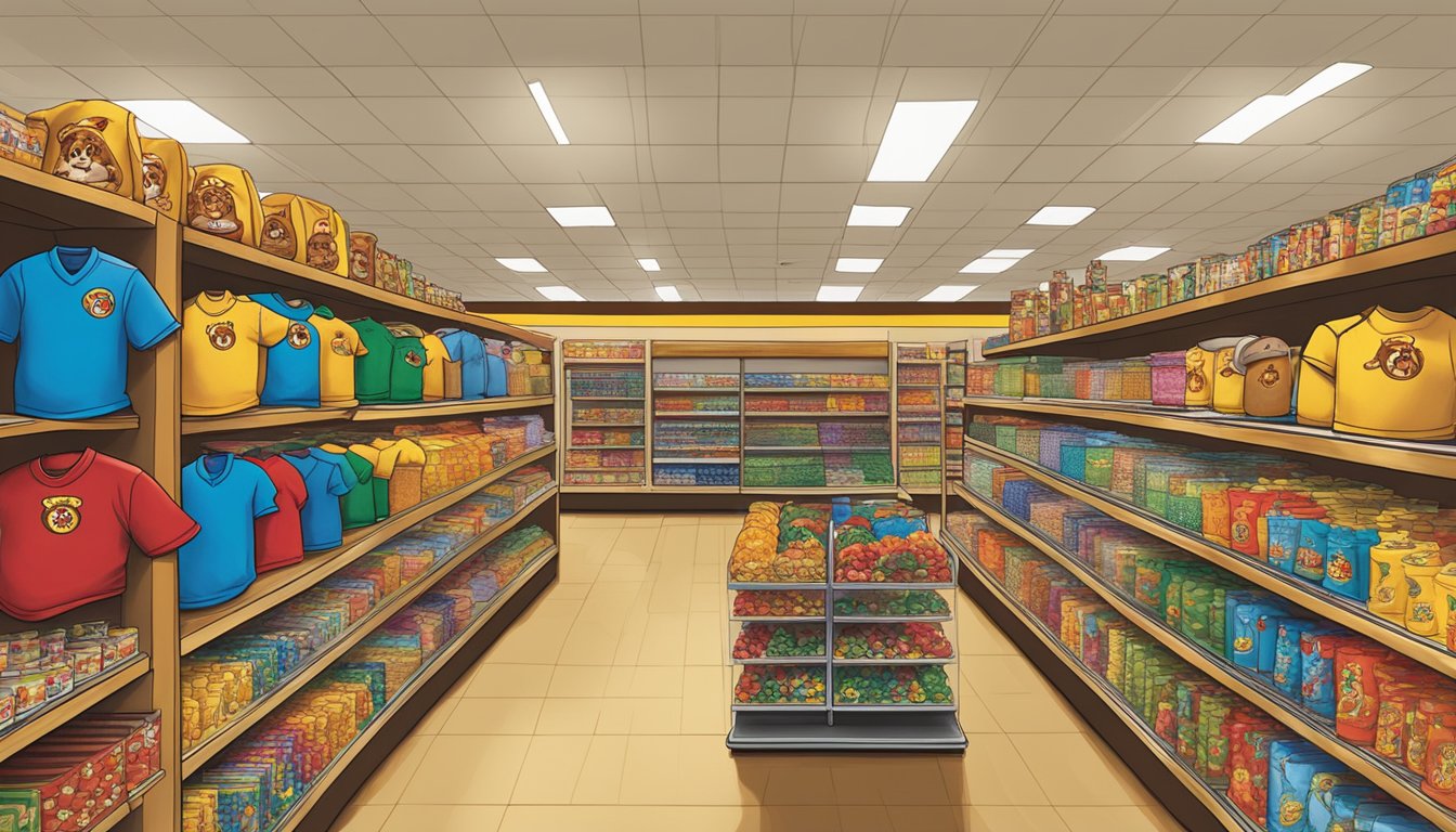 A bustling Buc-ee's store with shelves overflowing with a variety of beaver-themed merchandise, from t-shirts and hats to plush toys and keychains. The logo is prominently displayed on each item