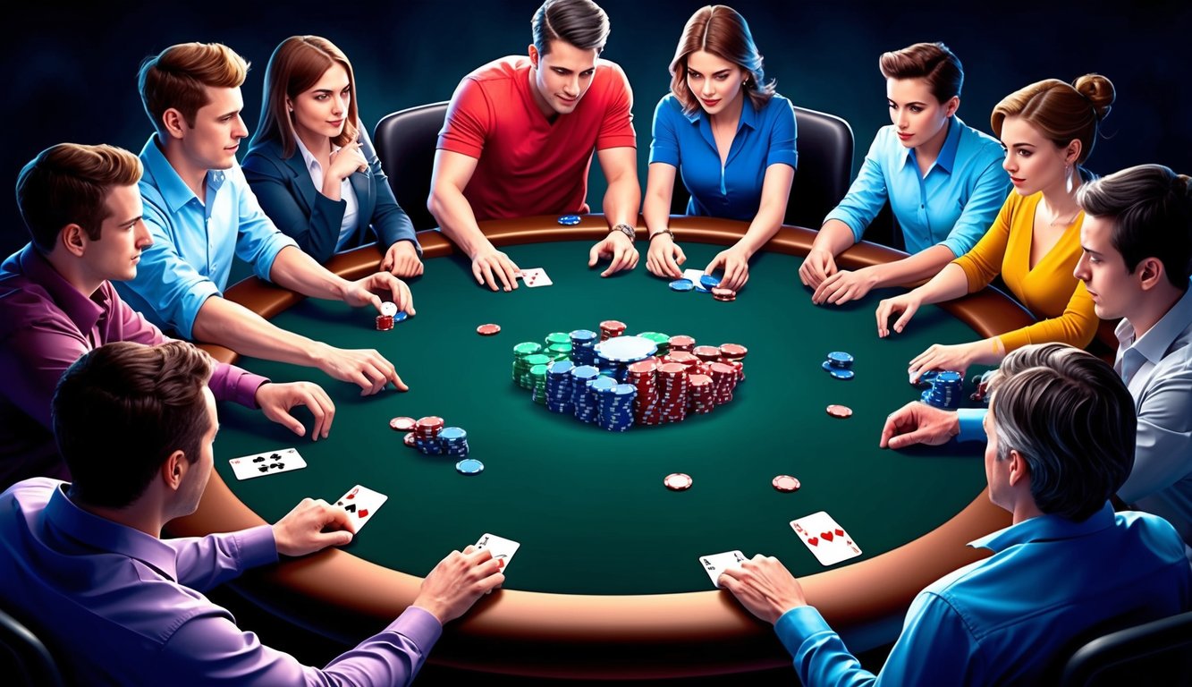 Sekelompok pemain berkumpul di sekitar meja poker virtual, kartu dan chip mereka berserakan saat mereka terlibat dalam permainan poker online yang tegang.