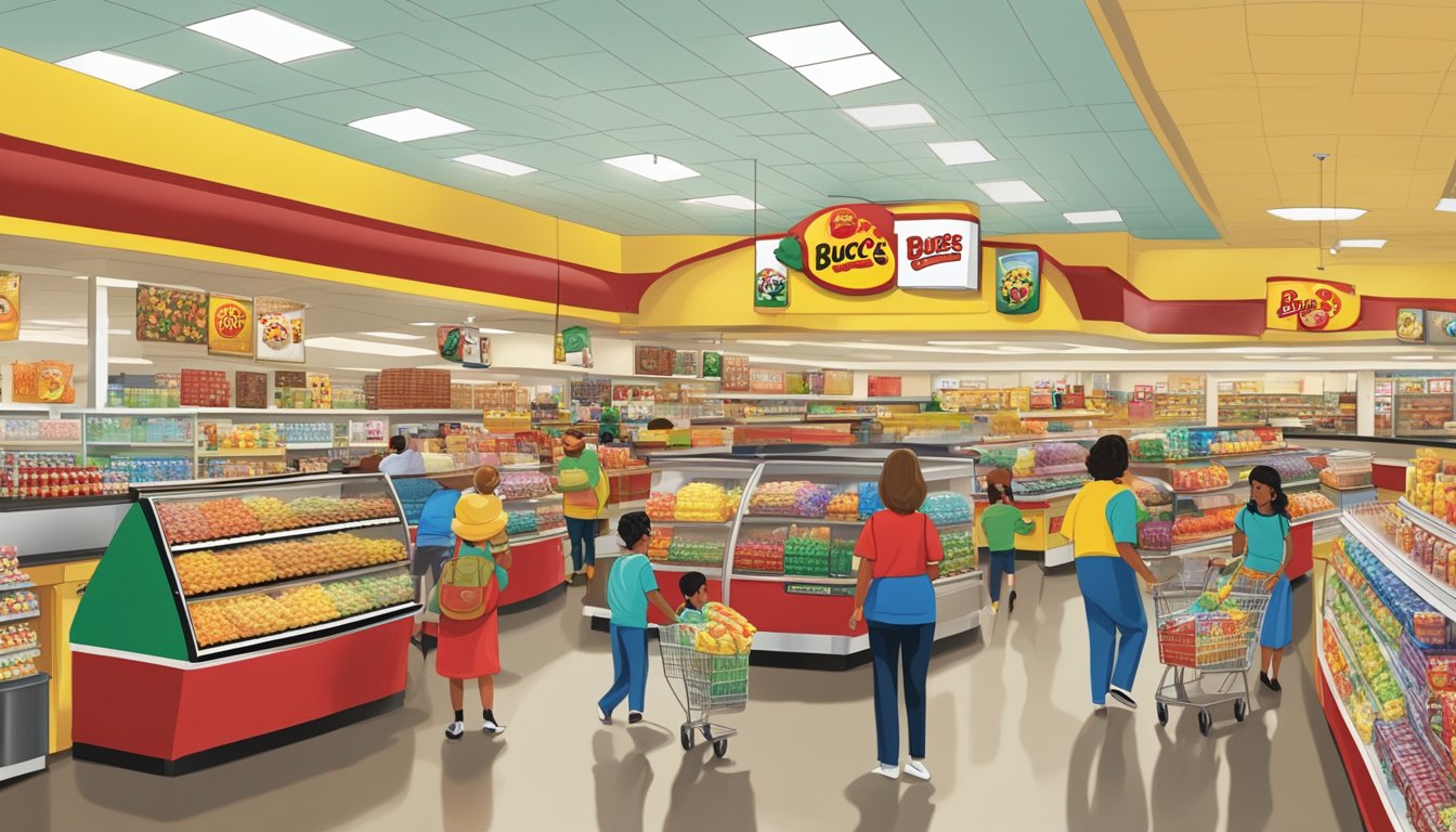 A bustling Buc-ee's store with a clean, well-stocked interior, friendly staff, and a variety of snacks and merchandise