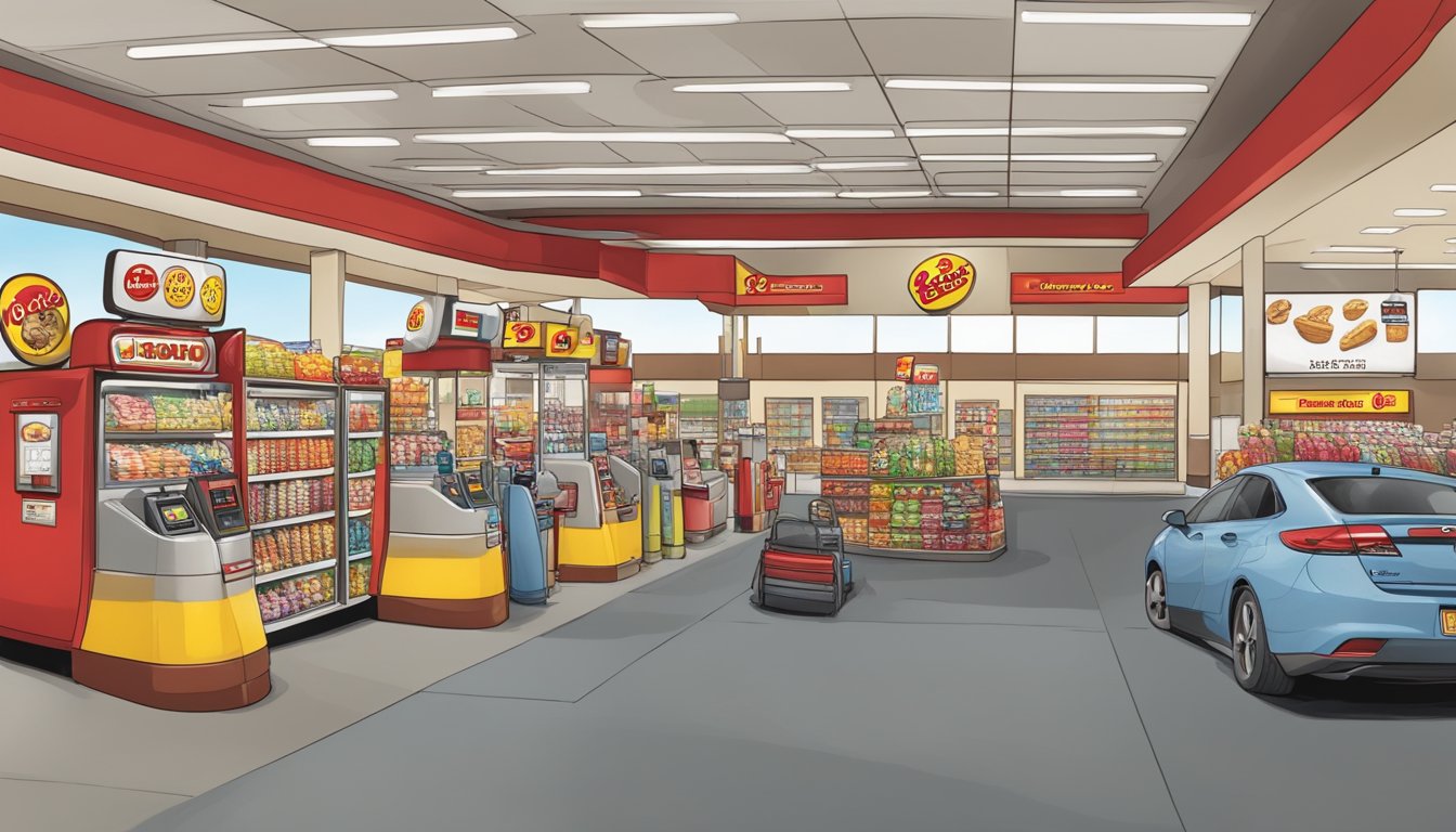 A bustling Buc-ee's gas station with a massive beaver mascot, clean restrooms, and a wide array of unique snacks and merchandise