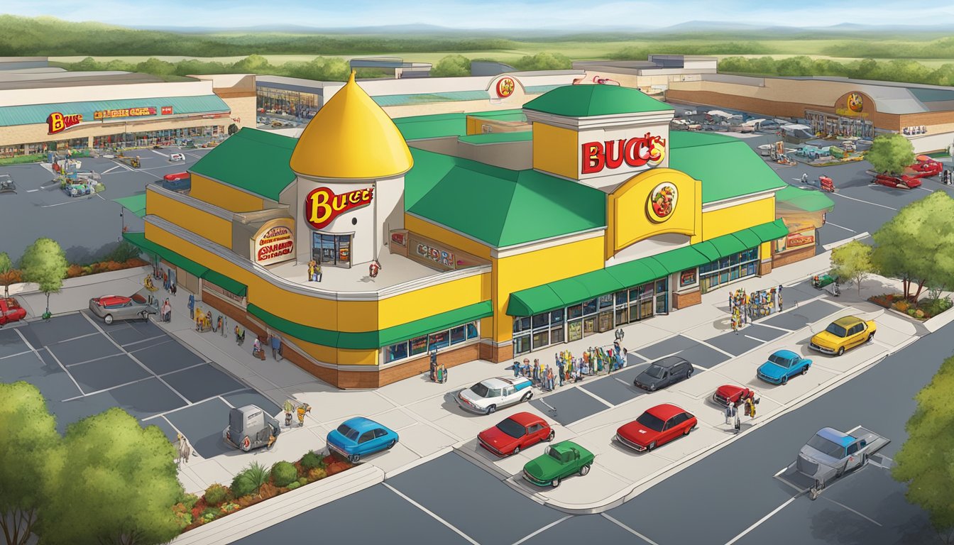 A bustling Buc-ee's mega store with gas pumps, a large convenience store, and a towering beaver mascot. The building is surrounded by a spacious parking lot and filled with customers