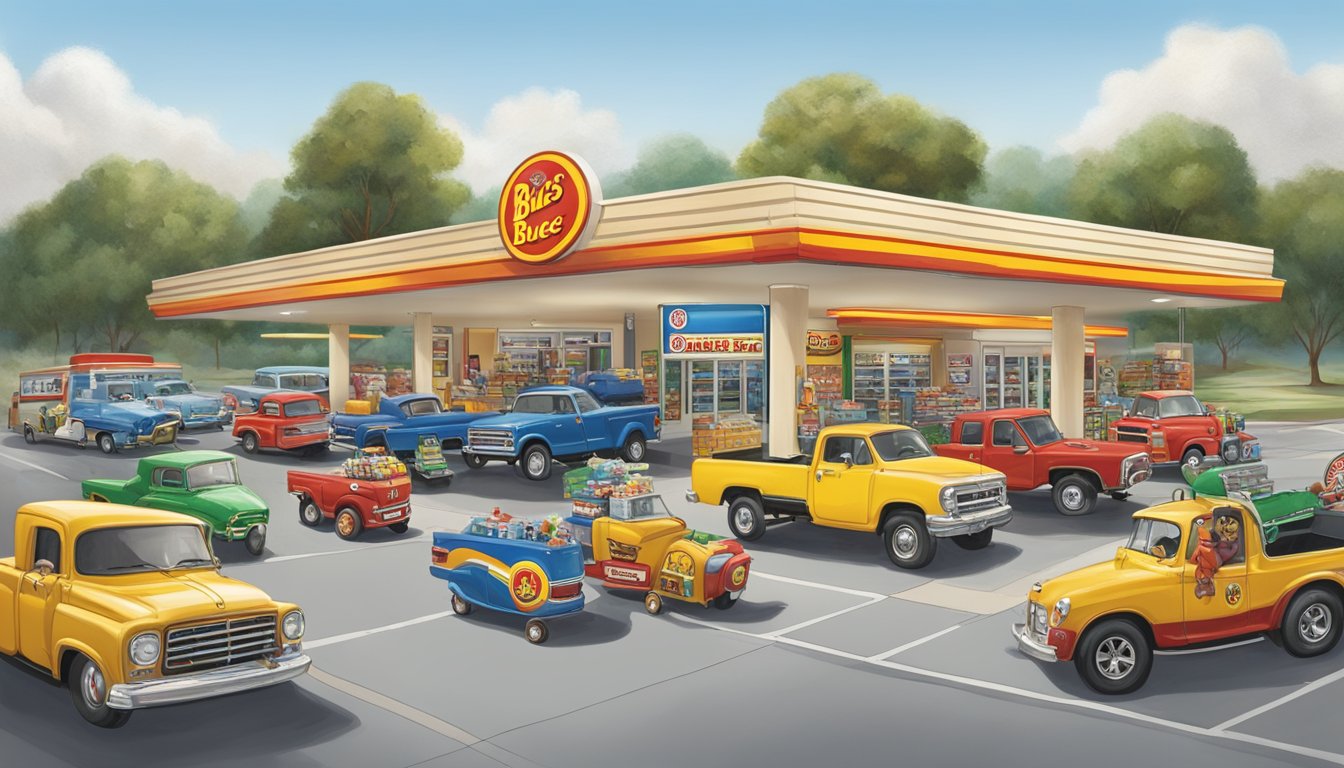 A bustling Buc-ee's gas station and convenience store with a large iconic beaver mascot, surrounded by a diverse array of vehicles from different states