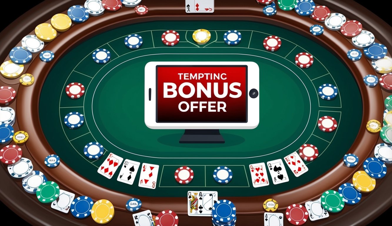 Sebuah meja poker dikelilingi oleh chip dan kartu berwarna-warni, dengan perangkat digital yang menampilkan tawaran bonus yang menggoda