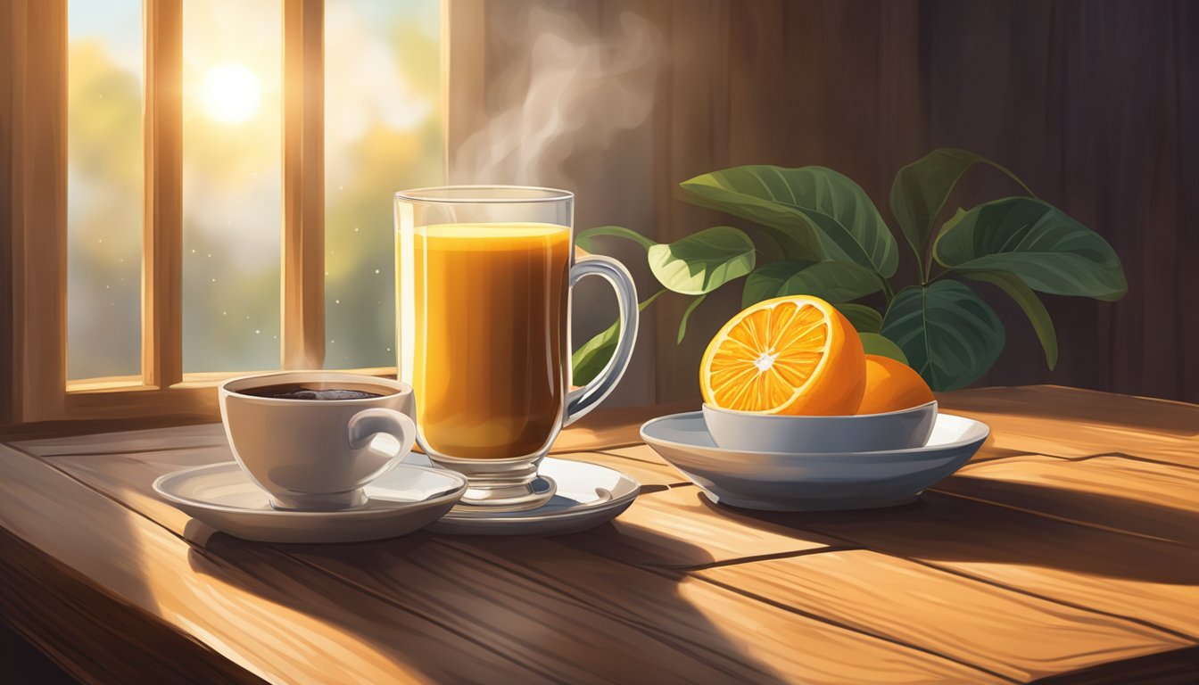 A steaming cup of coffee sits next to a freshly squeezed orange juice on a rustic wooden table, with a warm morning sun streaming through the window