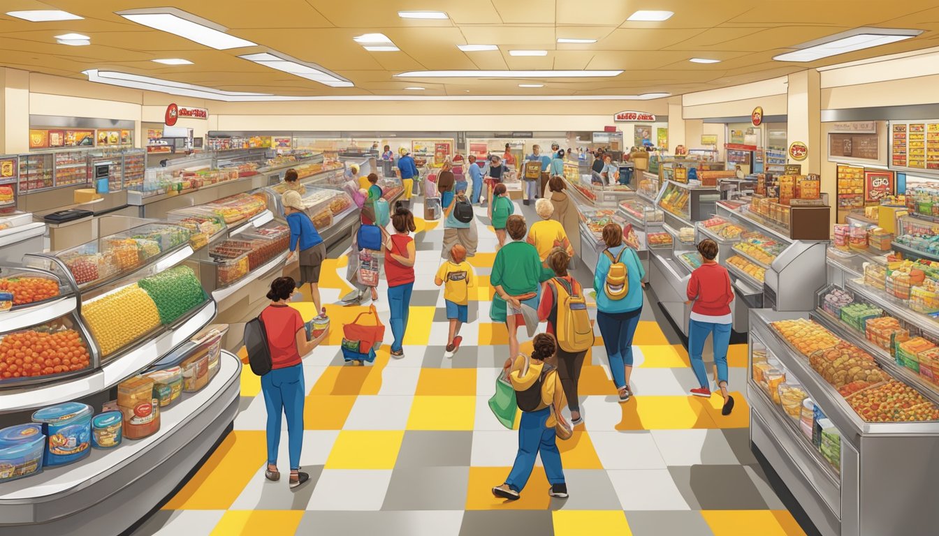 A bustling Buc-ee's store with colorful displays of breakfast foods, coffee stations, and happy customers grabbing their morning essentials