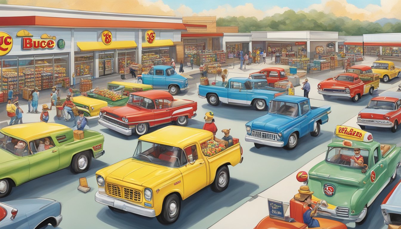 A bustling Buc-ee's store with iconic beaver mascot, gas pumps, snacks, and merchandise, surrounded by a sea of parked cars and happy customers