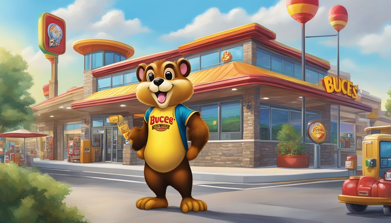 A larger-than-life Buc-ee's beaver mascot stands proudly in front of a bustling travel center, surrounded by towering gas pumps and a line of colorful RVs