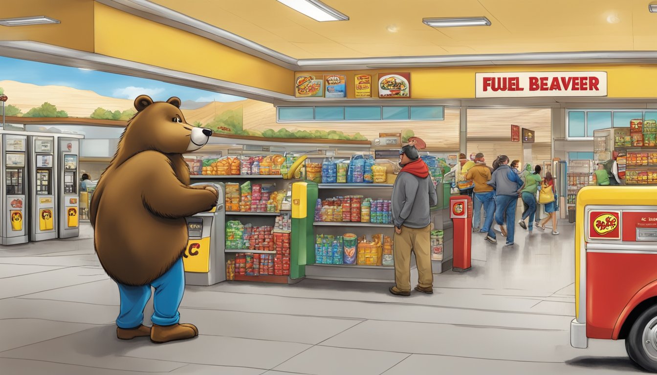 A bustling Buc-ee's gas station with a giant beaver mascot, fuel pumps, and a line of customers entering the store