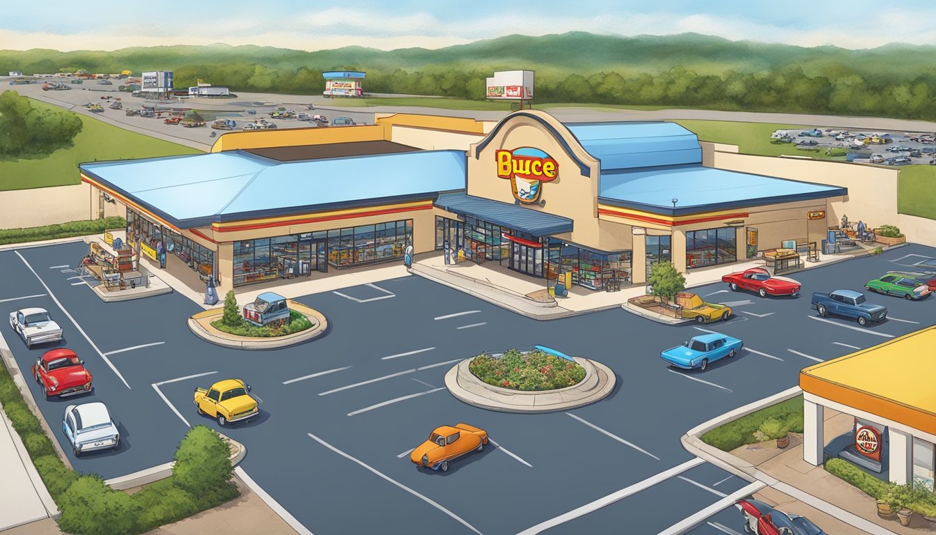 A bustling Buc-ee's travel center with a massive beaver mascot, gas pumps, and a sprawling parking lot filled with cars and RVs