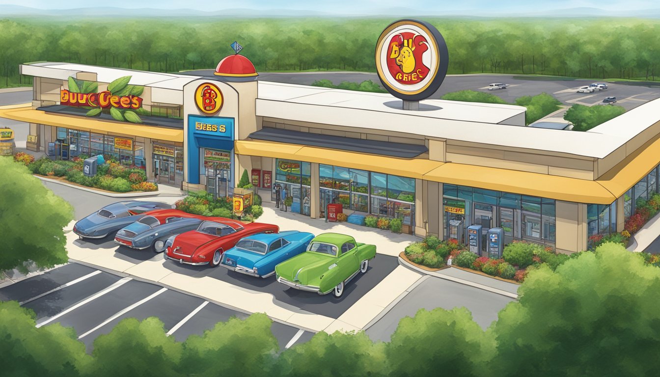 A futuristic Buc-ee's store with a towering sign, gas pumps, and a bustling parking lot surrounded by lush greenery and modern architecture