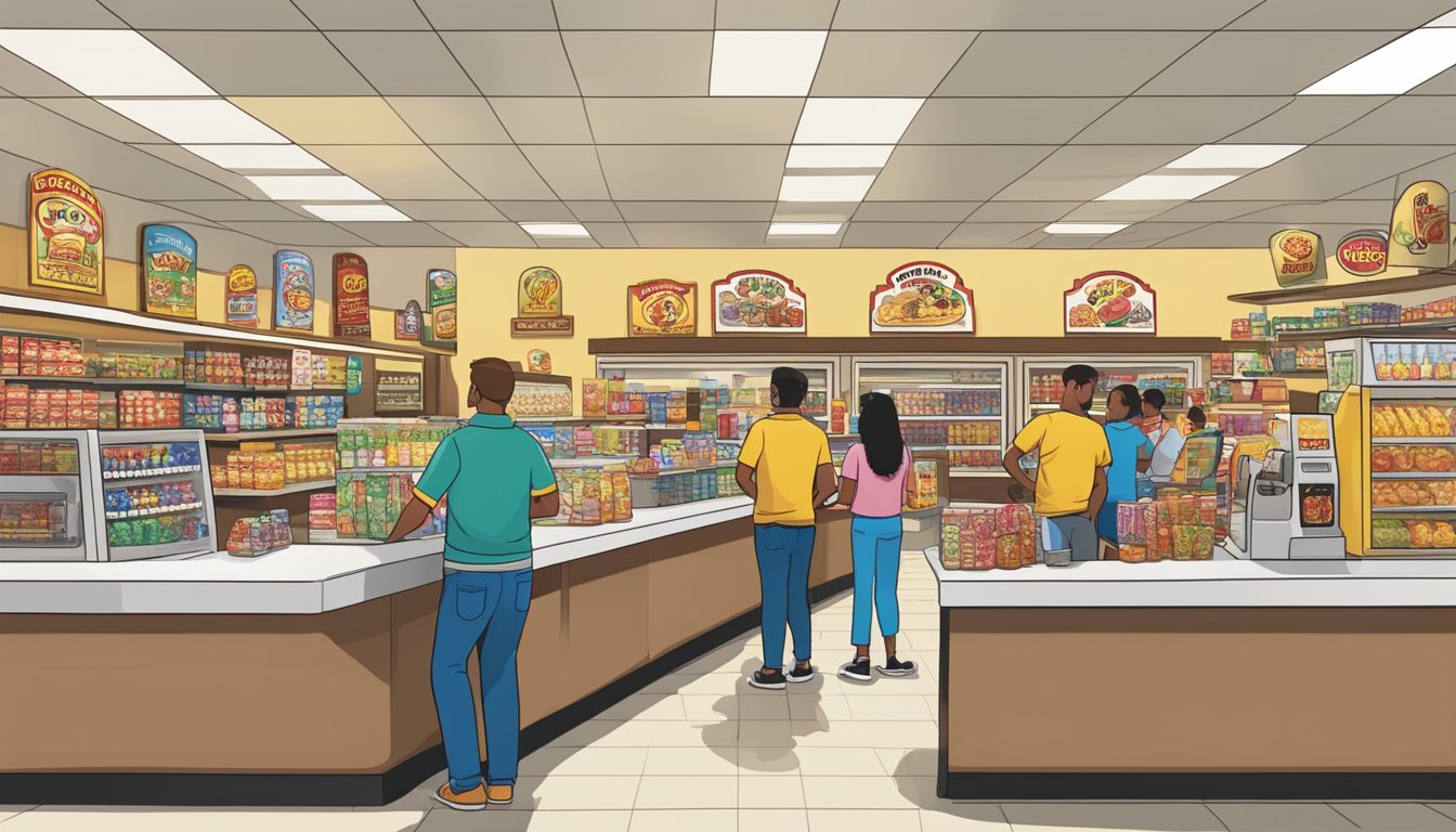 A bustling Buc-ee's store with a variety of iconic snacks, drinks, and merchandise on display. Customers line up at the counter to order their favorite treats