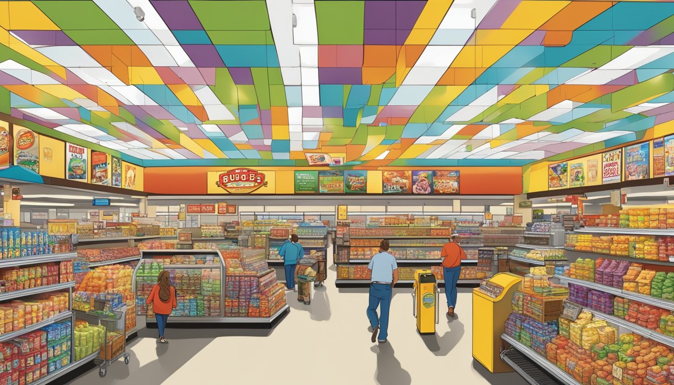 A busy Buc-ee's store with customers browsing aisles, grabbing snacks, and filling up their gas tanks. Brightly colored signs and merchandise fill the space