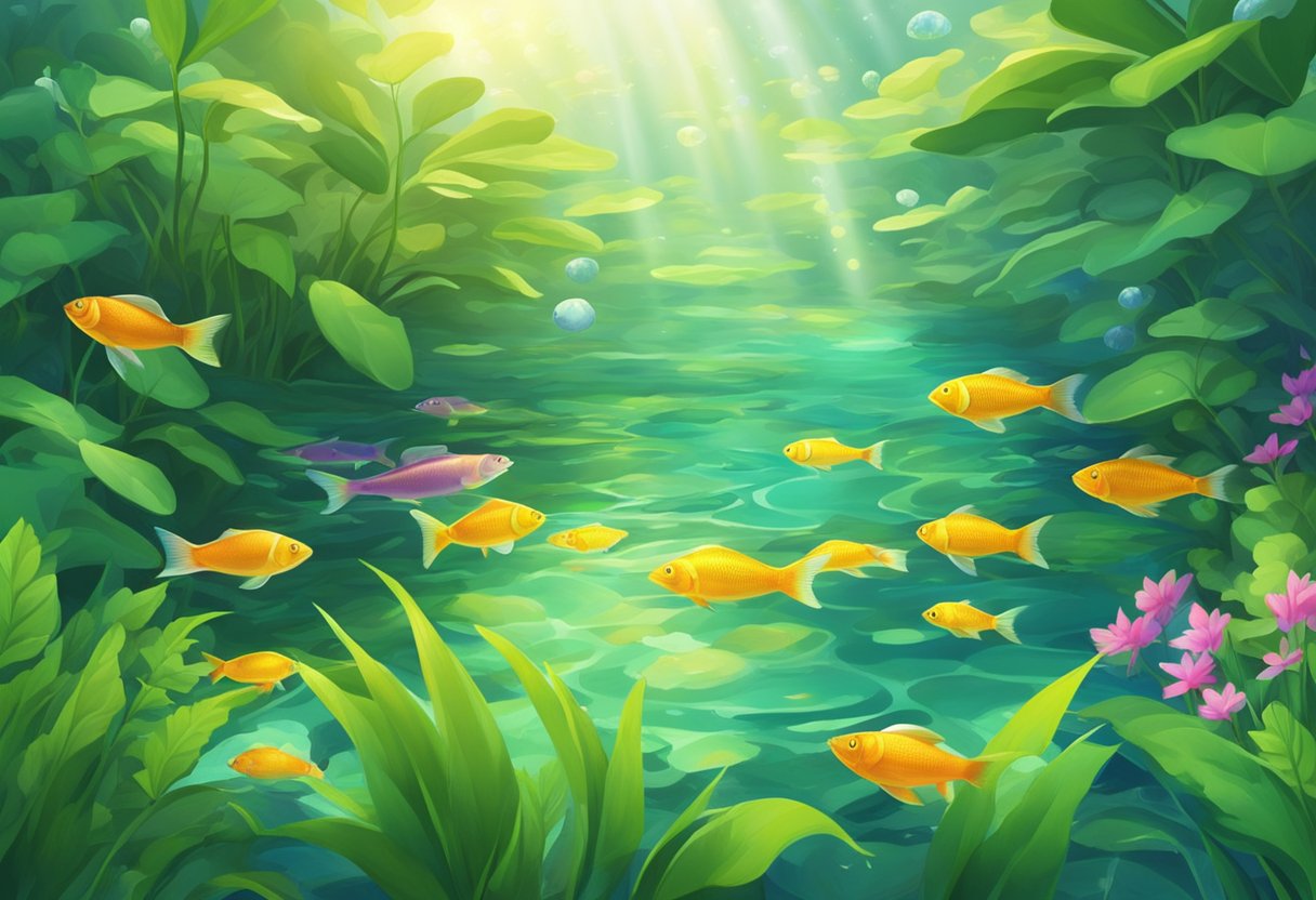 Lush green pond plants sway gently in the deep, clear water, surrounded by colorful fish and shimmering sunlight