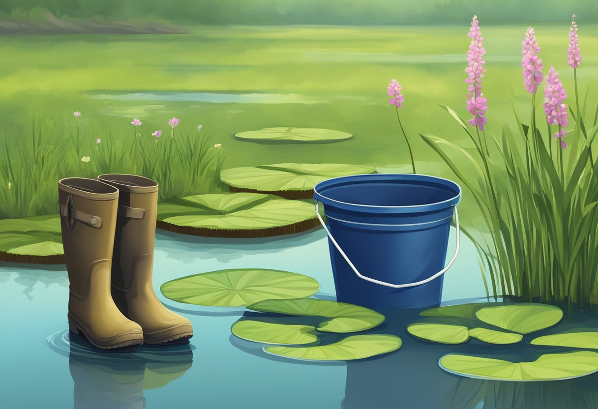 A pair of sturdy rubber boots and a long-handled planting tool rest beside a bucket of aquatic plant fertilizer, all set against the backdrop of a tranquil pond