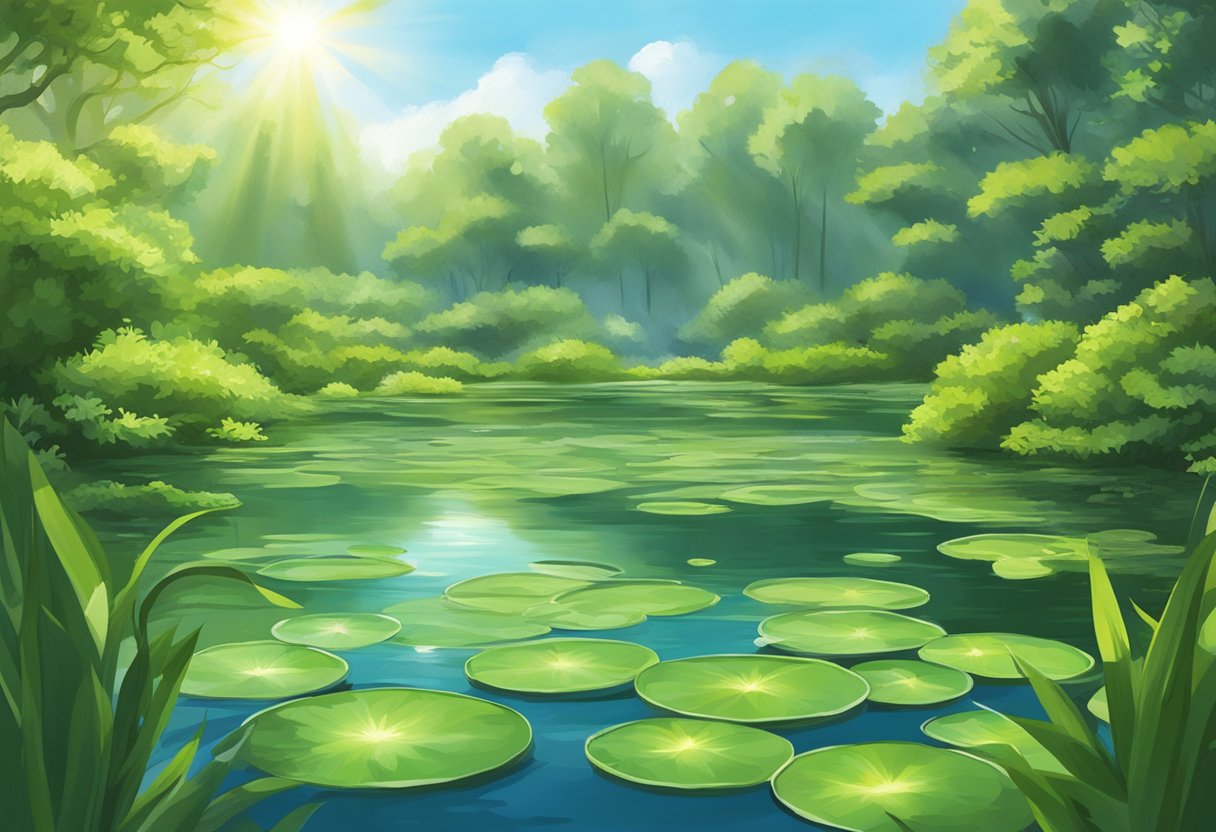 Lush green aquatic plants thriving in a deep pond, surrounded by clear, still water and ample sunlight